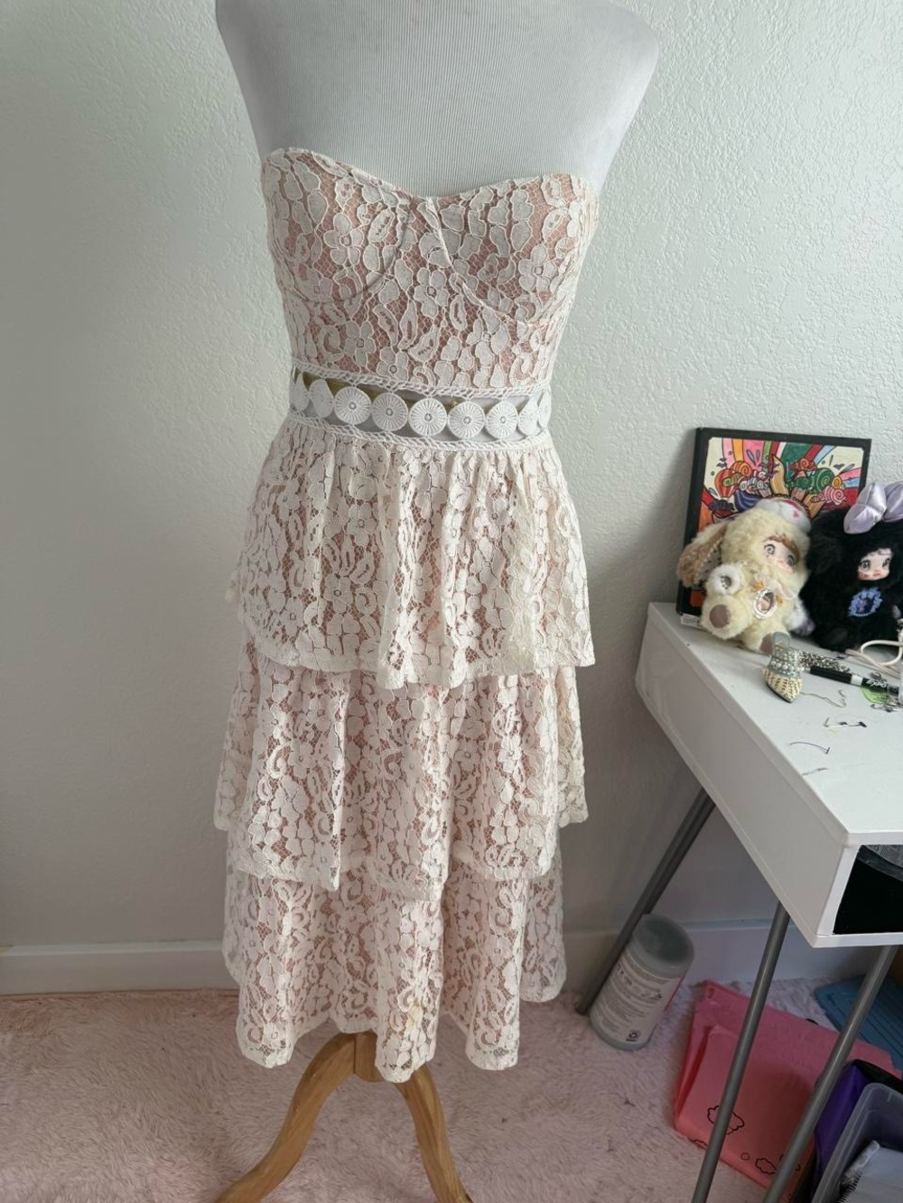 Lulu's Strapless Tiered Lace Maxi Dress in Blush and Cream